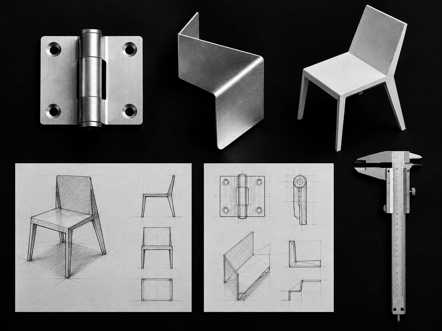 Industrial design studies including a hinge, formed metal, chair model, sketches, and calipers